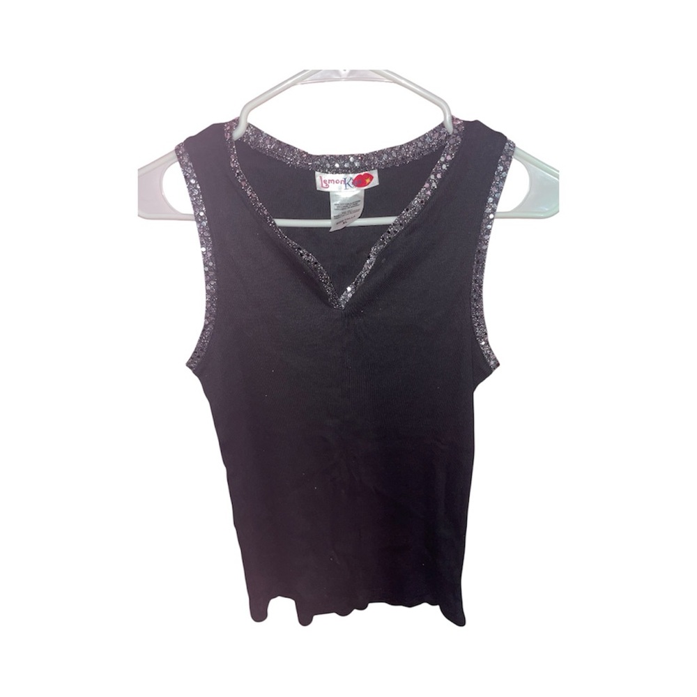 Vintage black v-neck ribbed tank top with silver sequin trim Pre-owned Lemonkiss